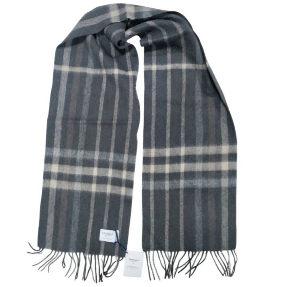 NWT Edinburgh 100% Lambswool Cozy Tartan Unisex Oversized Scarf Check Taupe - Picture 1 of 9